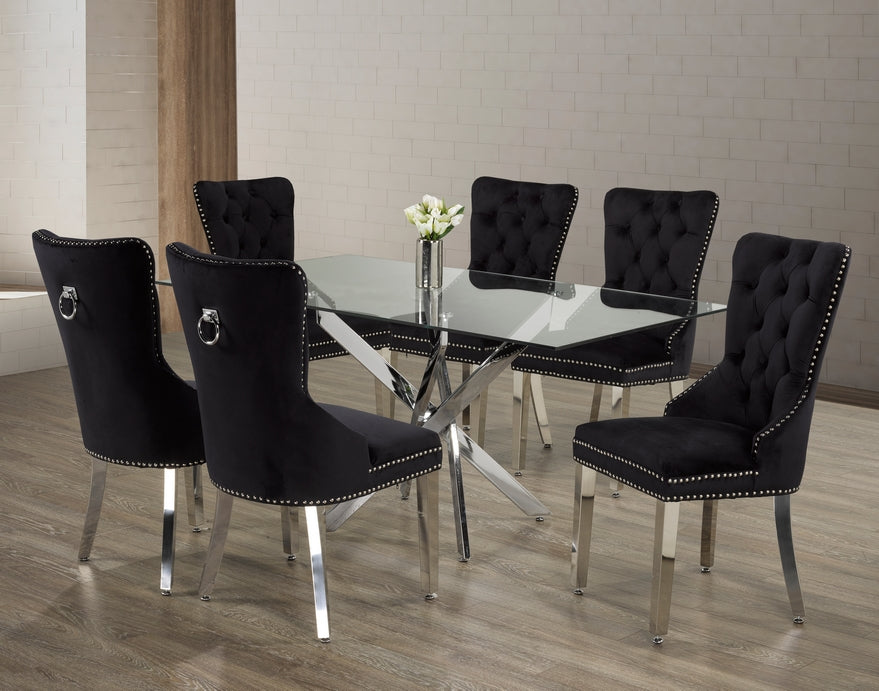 Ari 7-Piece 7-Piece Glass Table With Swiveled Chrome Legs and Blac Velvet Dining Chairs with Chrome Knocker