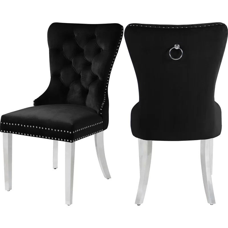 Jon 5 Piece Modern Round Top Tempered Glass Black Velvet Chairs Chrome Legs