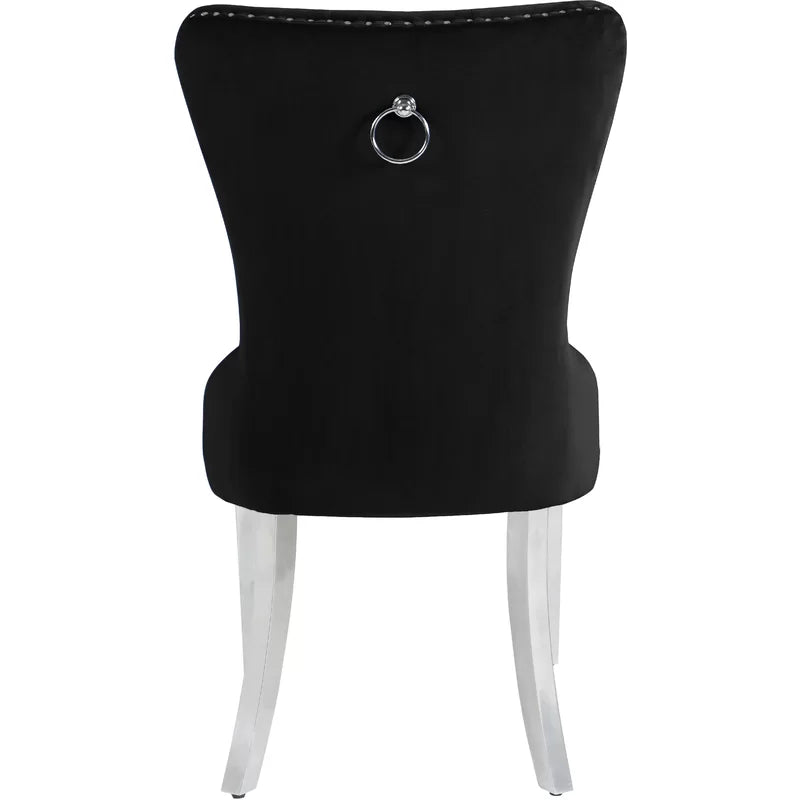 Jon 5 Piece Modern Round Top Tempered Glass Black Velvet Chairs Chrome Legs