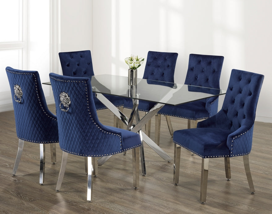 7-Piece Glass Table With Swiveled Chrome Legs and Blue Velvet Dining Chairs with Lion Knocker