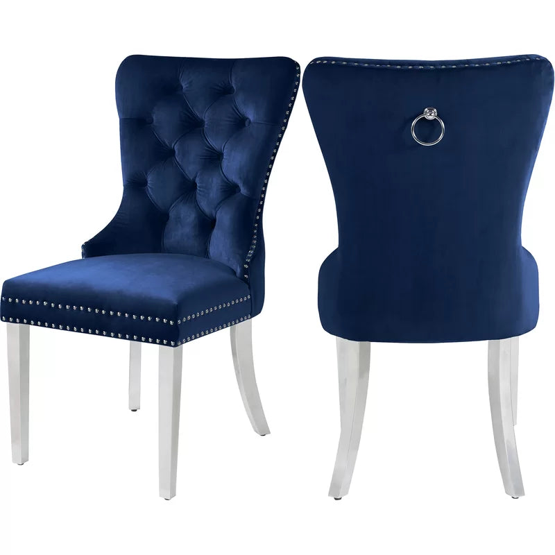 Jon 5 Piece Modern Round Top Tempered Glass Blue Velvet Chairs Chrome Legs
