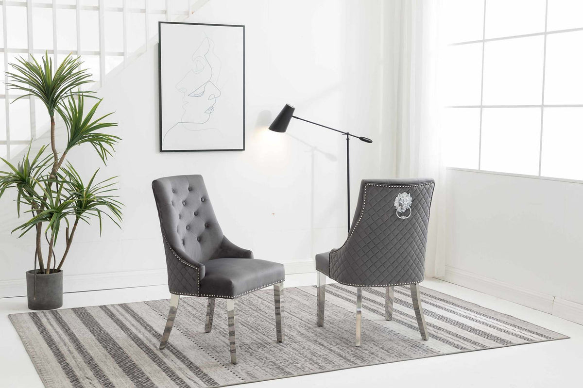 Dining Chair EC 002 Chrome Legs Lion Head Design Velvet Material