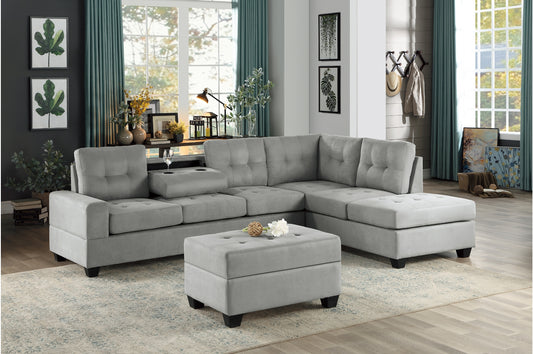 3-Piece Reversible Sectional with Drop-Down Cup Holders and Storage Ottoman