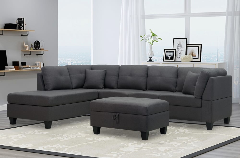 Sofa Sectional 2 Piece Linen Fabric Left or Right Facing Chaise Plus Ottoman With Storage Living Room Set ES-1232