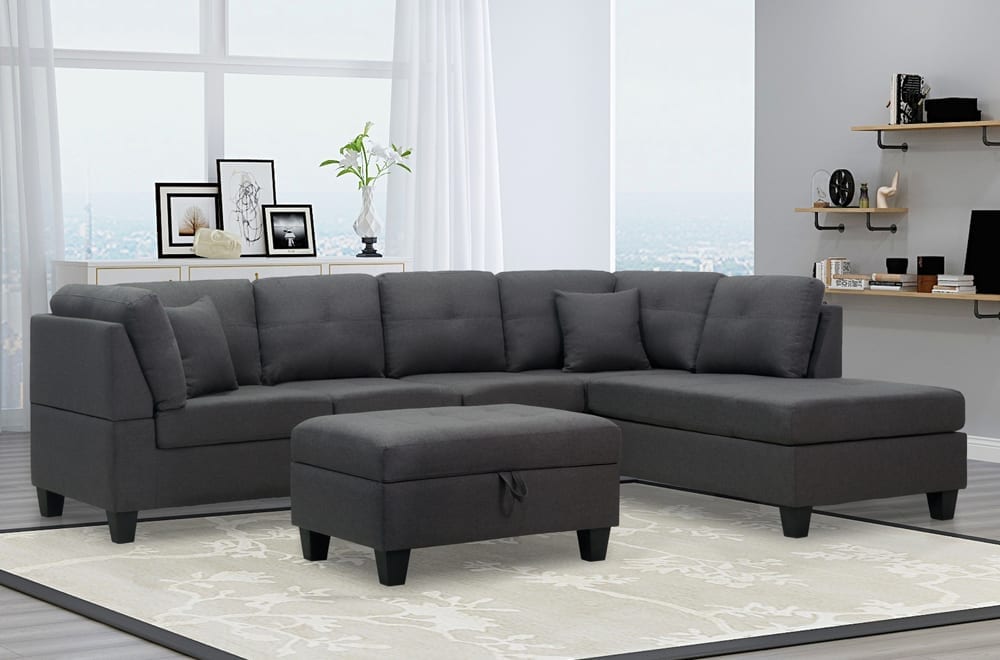 Sofa Sectional 2 Piece Linen Fabric Left or Right Facing Chaise Plus Ottoman With Storage Living Room Set ES-1232