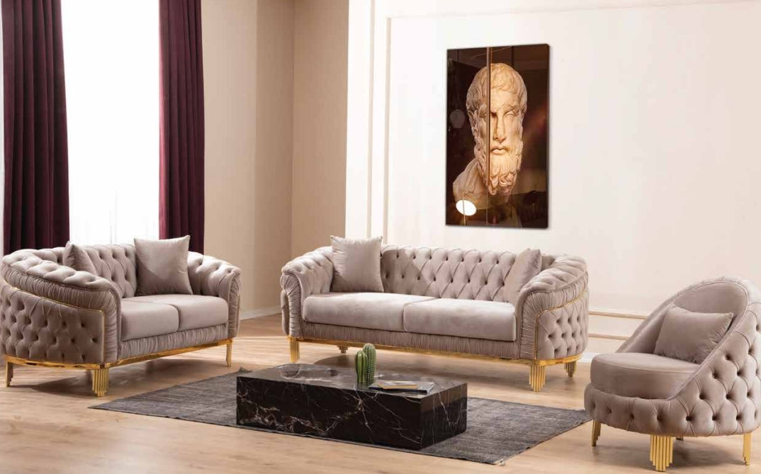 Sofa Set 3PC Velvet Material With Gold Legs ESS-VANESA