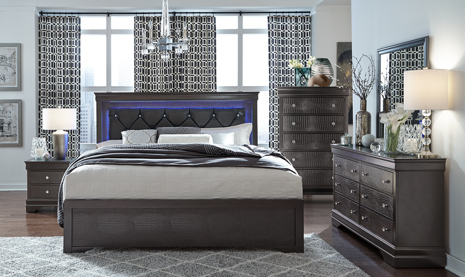 Pompei Bedroom SET 5Pc LED Headboard Wood Finish EB-Pompei