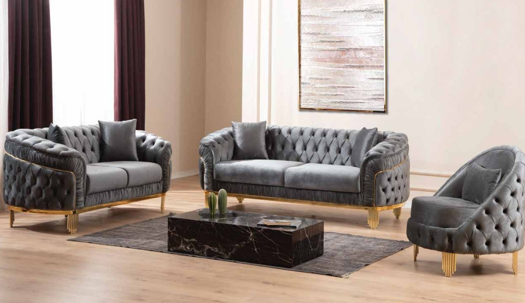 Sofa Set 3PC Velvet Material With Gold Legs ESS-VANESA