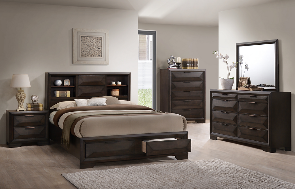 Bedroom Set 5PC Wood Finish With Storage Drawers LED Headboard EB-LAURA