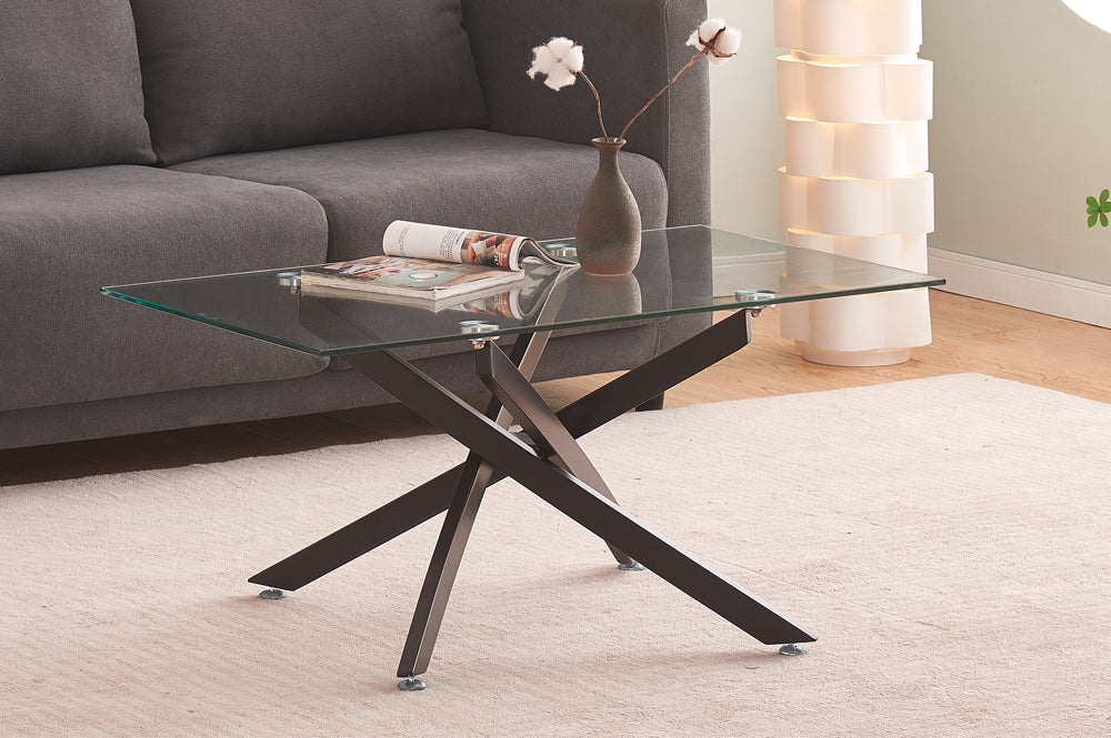 Coffee and Side Table Set 3PC Black Metal Legs with Clear Glass Top ET-2571