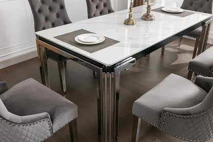 7 Piece Ceramic Marble Top with Stainless Chrome Legs with Grey Velvet Lion Knocker Nail Head Chairs