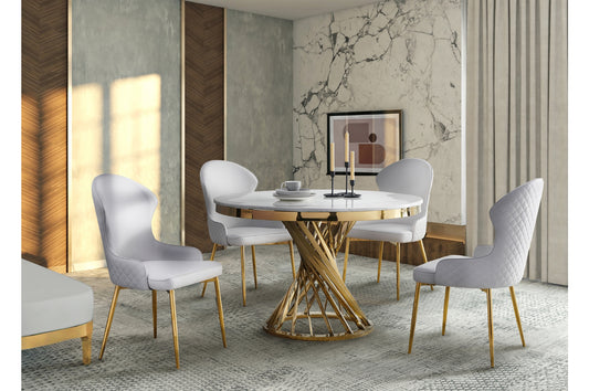 5-Piece Venus Round Dining Table with Marble Top & Gold Metal Base, Side Chairs, White & Gold