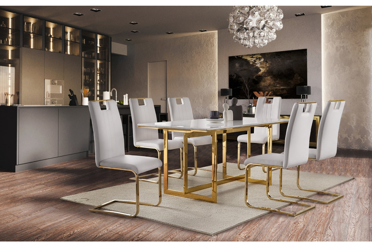 7-Piece Althea Dining Table with Marble Top & Gold Metal Base with White and Gold Chairs