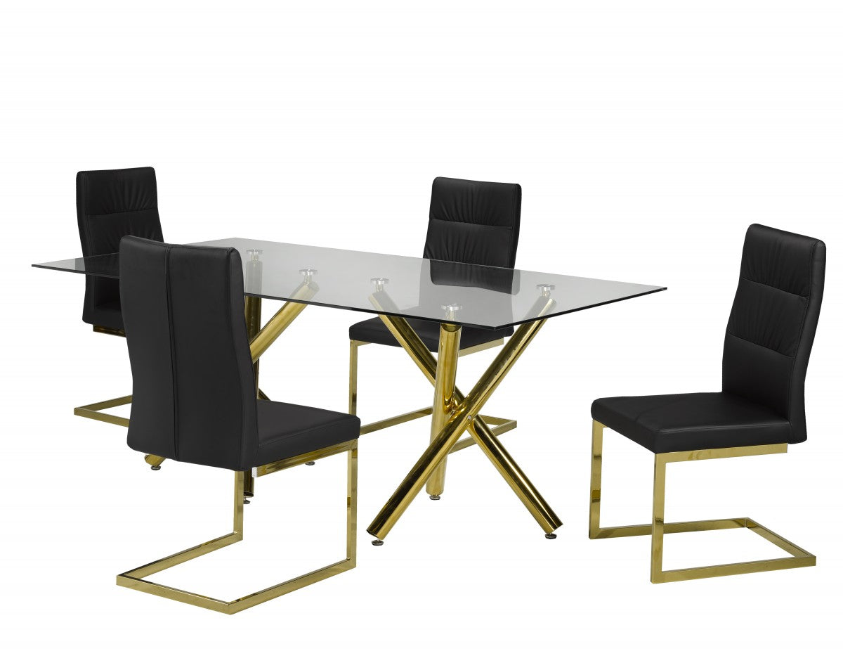 5-PIECE DINING SET  BLACK CHAIRS /GOLD BASE WITH TOP GLASS