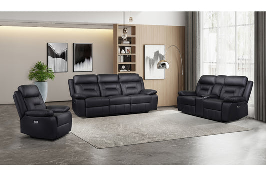 Laconia 3-Piece Black Leather Power Reclining Sofa Set