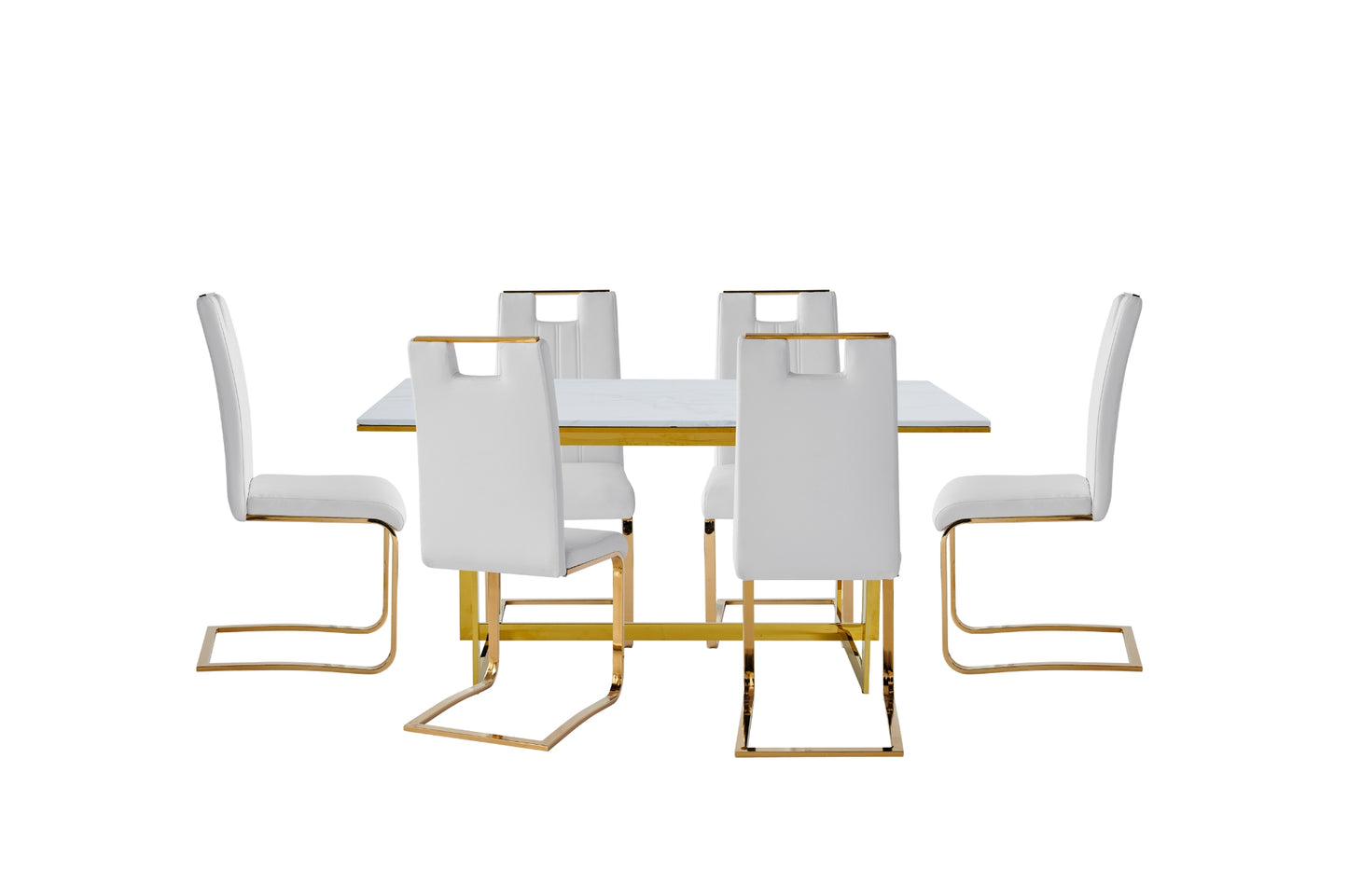 7-Piece Althea Dining Table with Marble Top & Gold Metal Base with White and Gold Chairs