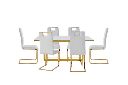 7-Piece Althea Dining Table with Marble Top & Gold Metal Base with White and Gold Chairs