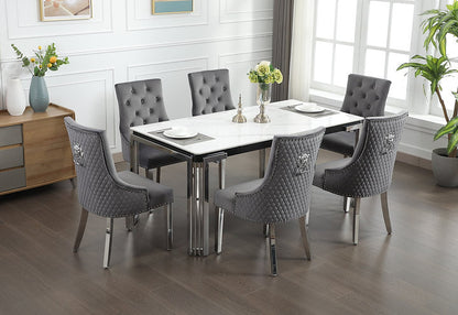 7 Piece Ceramic Marble Top with Stainless Chrome Legs with Grey Velvet Lion Knocker Nail Head Chairs