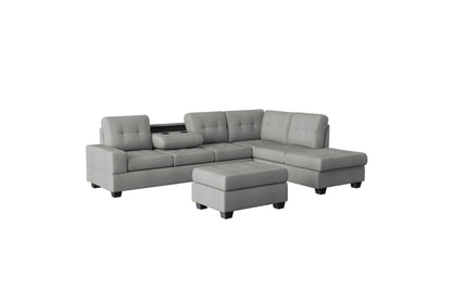 3-Piece Reversible Sectional with Drop-Down Cup Holders and Storage Ottoman