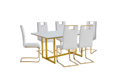 7-Piece Althea Dining Table with Marble Top & Gold Metal Base with White and Gold Chairs