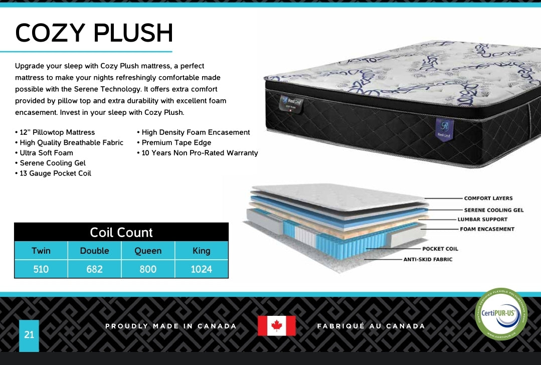 Cozy Plush 12” Pillow Top Pocket Coil Mattress Made in Canada