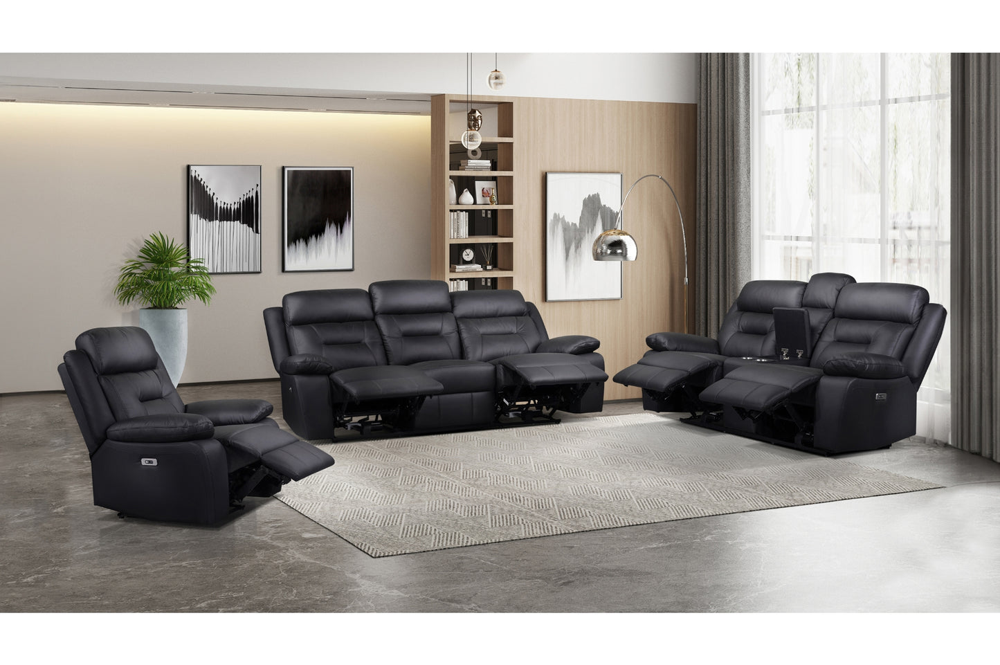 Laconia 3-Piece Black Leather Power Reclining Sofa Set