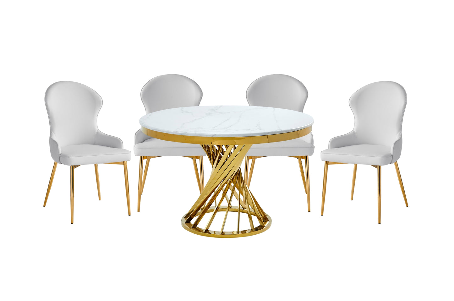 5-Piece Venus Round Dining Table with Marble Top & Gold Metal Base, Side Chairs, White & Gold