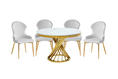 5-Piece Venus Round Dining Table with Marble Top & Gold Metal Base, Side Chairs, White & Gold