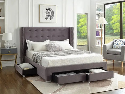 Grey Velvet Winged Storage Bed with Deep Tufting & Nailhead Trim