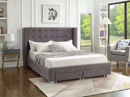 Grey Velvet Winged Storage Bed with Deep Tufting & Nailhead Trim