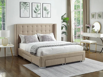 Grey Velvet Winged Storage Bed with Deep Tufting & Nailhead Trim