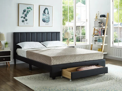 Black Leatherette Bed with Padded Headboard and Storage Drawer