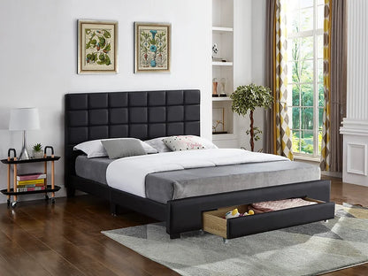 Black Leatherette Platform Bed with a Square Pattern Tufted Headboard and Storage