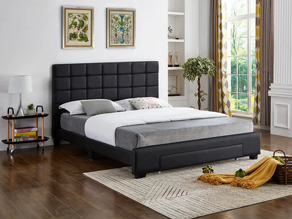 Black Leatherette Platform Bed with a Square Pattern Tufted Headboard and Storage