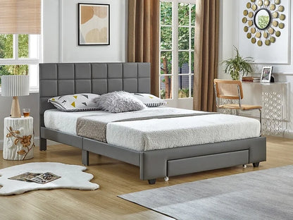 Grey Leatherette Bed with Padded Headboard and Storage Drawer