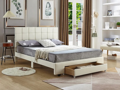 White Leatherette Bed with Padded Headboard and Storage Drawer