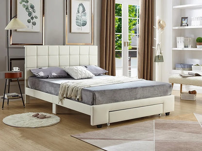 White Leatherette Bed with Padded Headboard and Storage Drawer