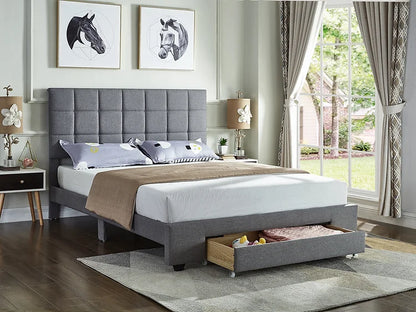 Grey Fabric Square Pattern Tufted Bed with Storage