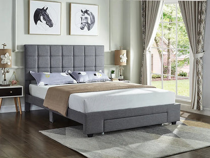 Grey Fabric Square Pattern Tufted Bed with Storage