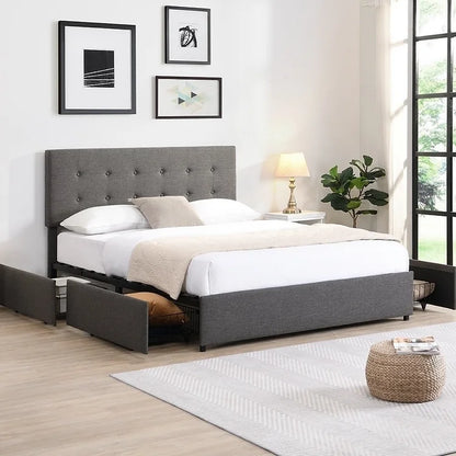 Grey Elegance Drawer Bed: Button-Tufted Platform with Quad-Storage