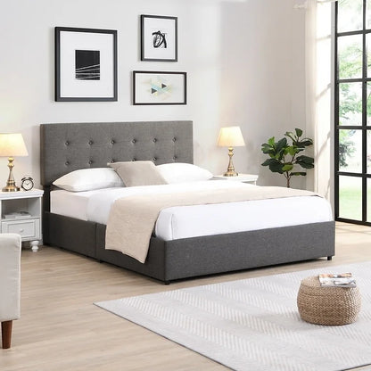 Grey Elegance Drawer Bed: Button-Tufted Platform with Quad-Storage