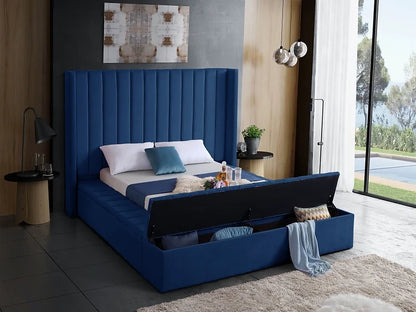 Luxurious Blue Velvet Bed with Space Saving Storage Benches