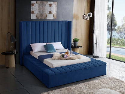 Luxurious Blue Velvet Bed with Space Saving Storage Benches