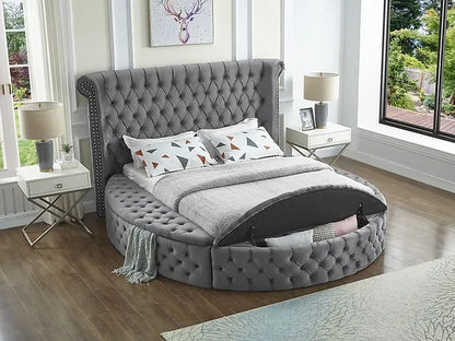 Grey Velvet Fabric Bed with 3 Storage Benches