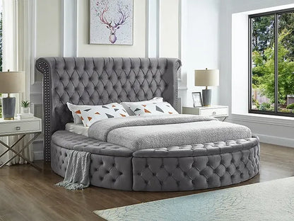 Grey Velvet Fabric Bed with 3 Storage Benches