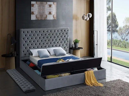 Grey Velvet Fabric Bed with 3 Storage Benches