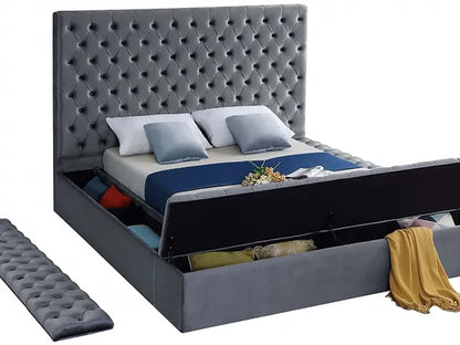 Grey Velvet Fabric Bed with 3 Storage Benches