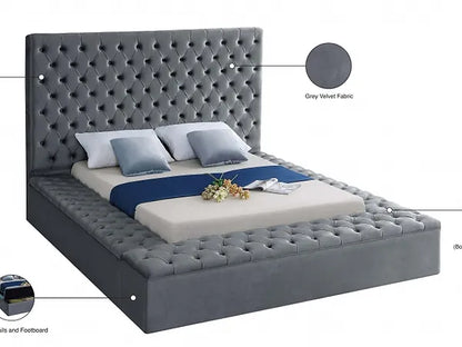 Grey Velvet Fabric Bed with 3 Storage Benches