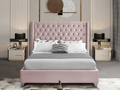 Dusty Pink Velvet Wing Bed with Deep Button Tufting and Nailhead Details