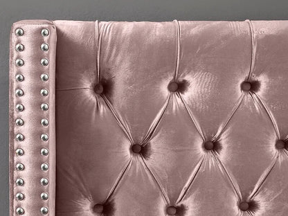 Dusty Pink Velvet Wing Bed with Deep Button Tufting and Nailhead Details